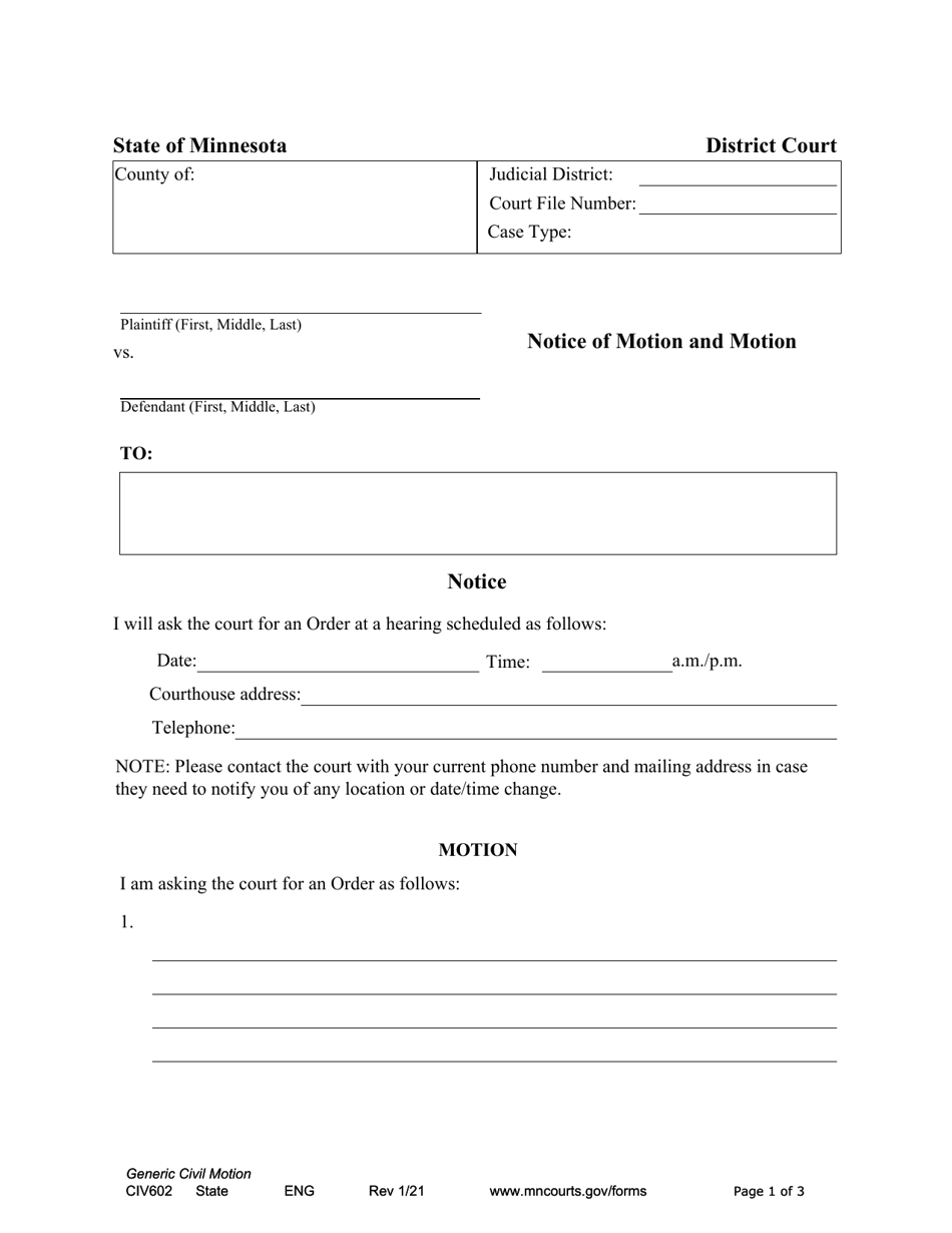 Form CIV602 Notice of Motion and Motion - Minnesota, Page 1
