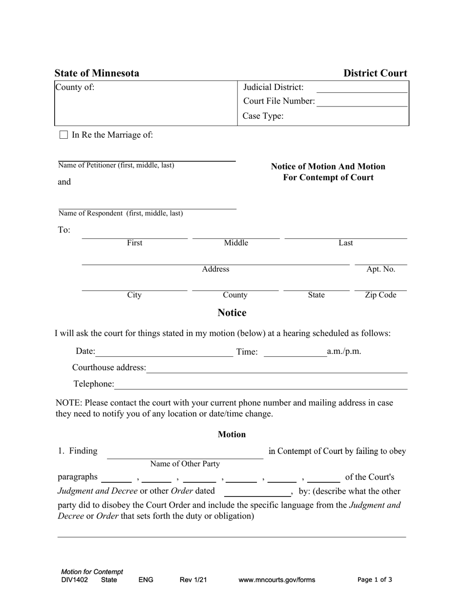 Form DIV1402 Notice of Motion and Motion for Contempt of Court - Minnesota, Page 1