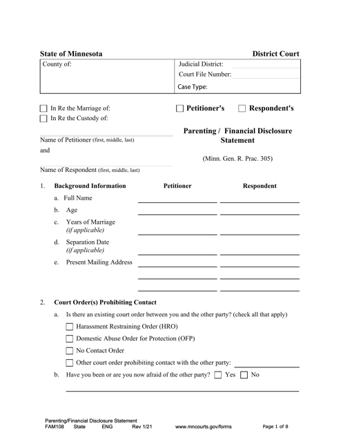 Form FAM108 Parenting/Financial Disclosure Statement - Minnesota