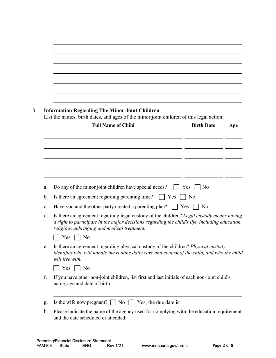 Form FAM108 Parenting / Financial Disclosure Statement - Minnesota, Page 2