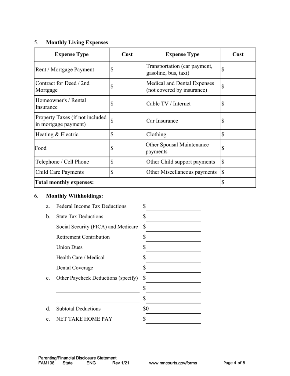 Form FAM108 Parenting / Financial Disclosure Statement - Minnesota, Page 4