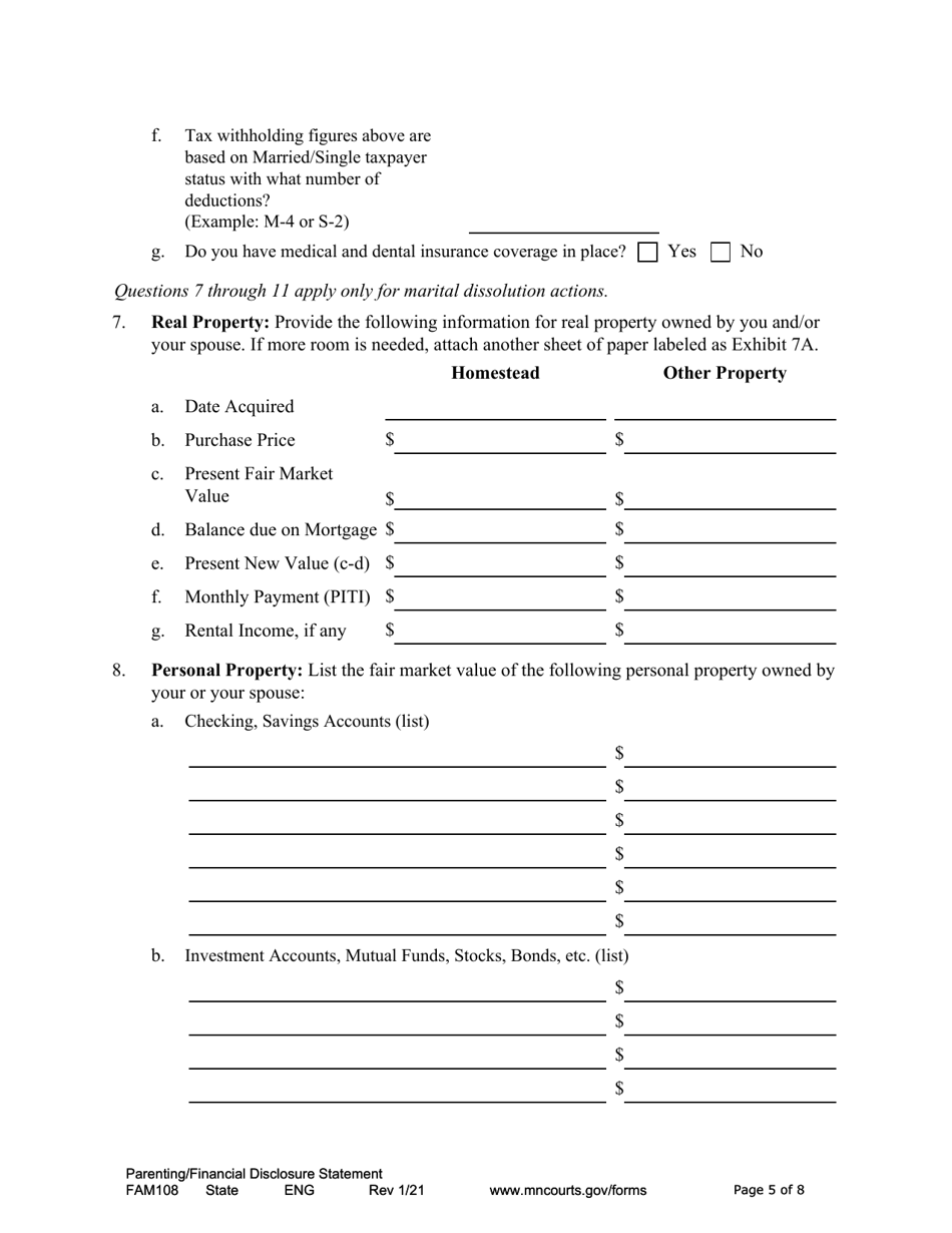 Form FAM108 Parenting / Financial Disclosure Statement - Minnesota, Page 5