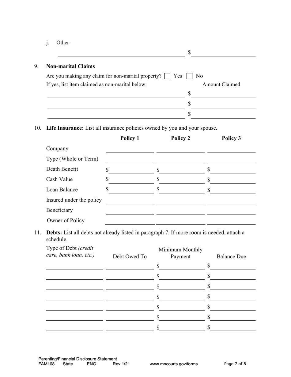 Form FAM108 Parenting / Financial Disclosure Statement - Minnesota, Page 7