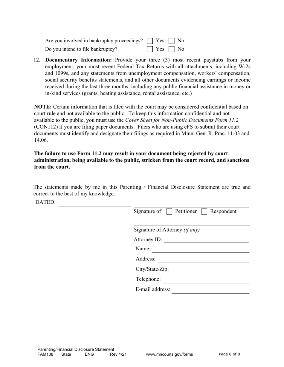 Form FAM108 Parenting / Financial Disclosure Statement - Minnesota, Page 8