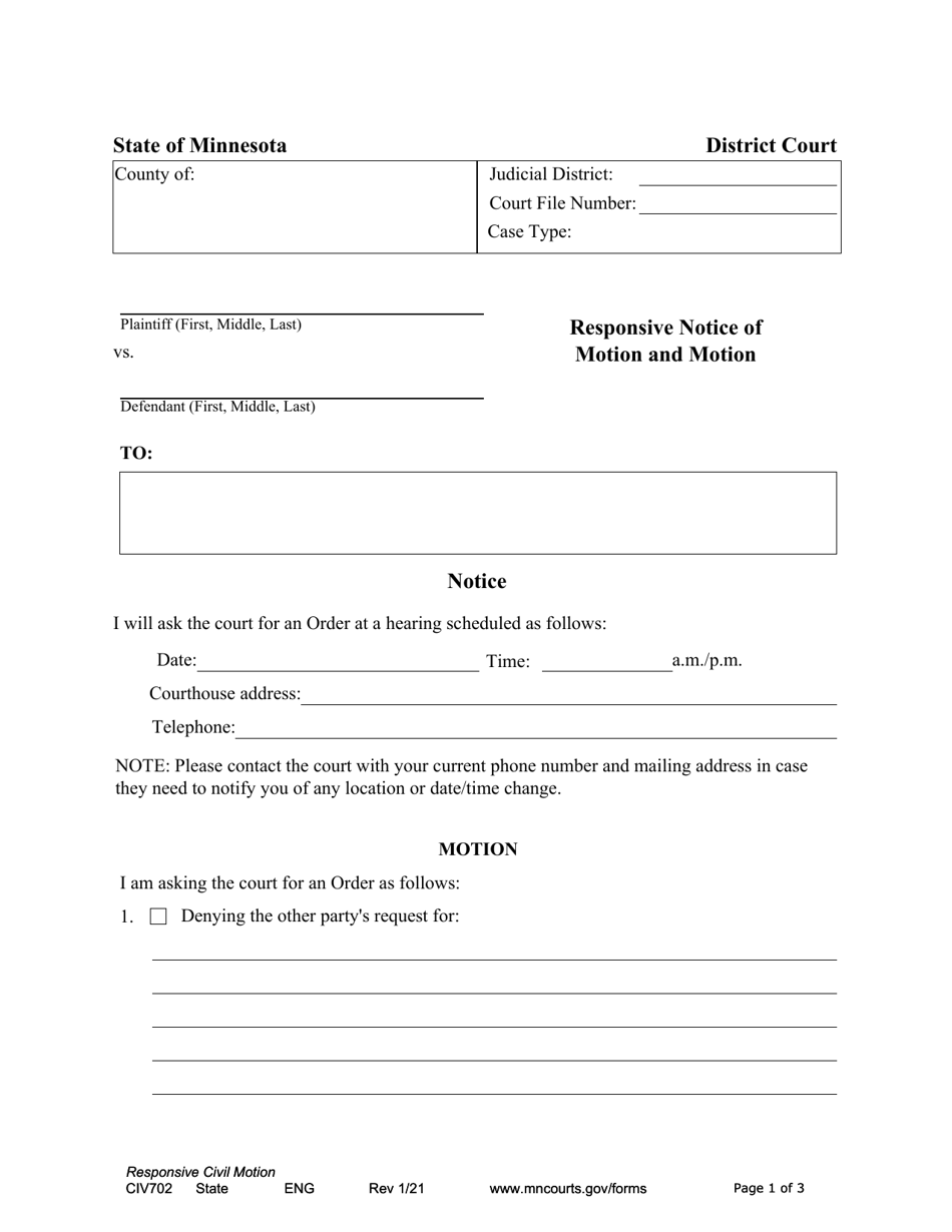 Form CIV702 Responsive Notice of Motion and Motion - Minnesota, Page 1