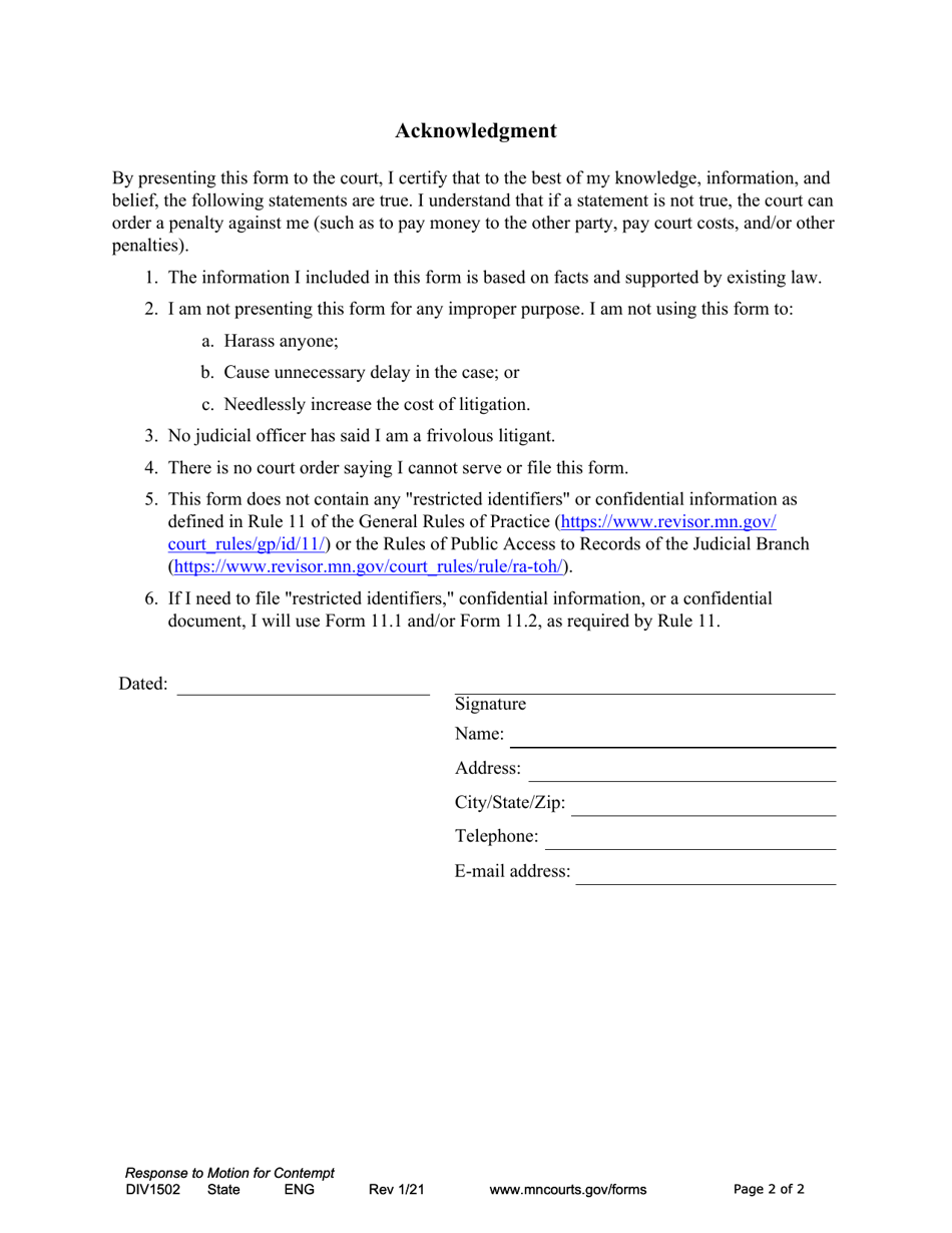 Form DIV1502 Notice of Motion and Responsive Motion for Contempt of Court - Minnesota, Page 2