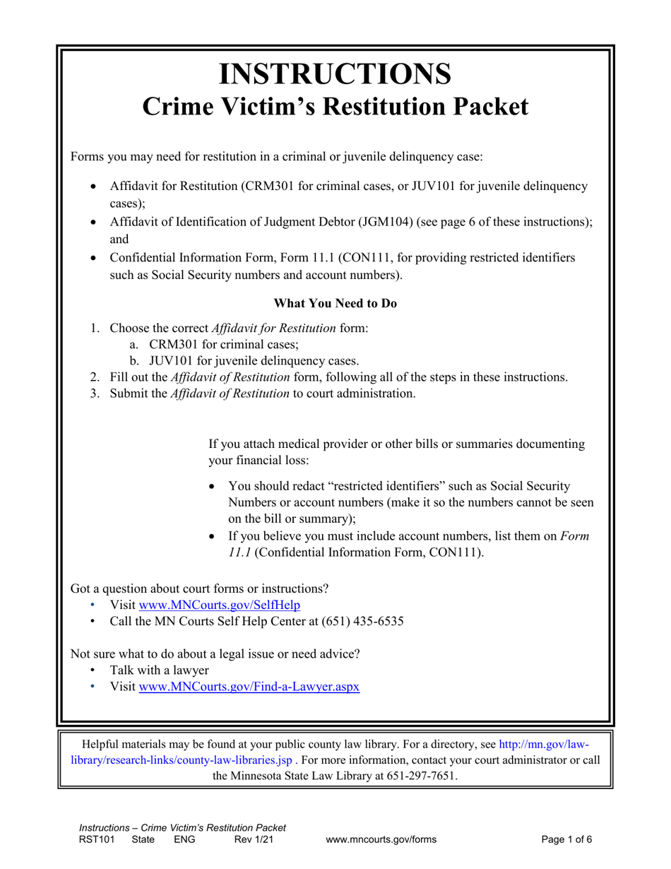 Form RST101 Instructions for Cime Victims Restitution Packet - Minnesota, Page 1