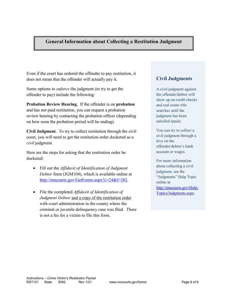 Form RST101 Instructions for Cime Victims Restitution Packet - Minnesota, Page 6