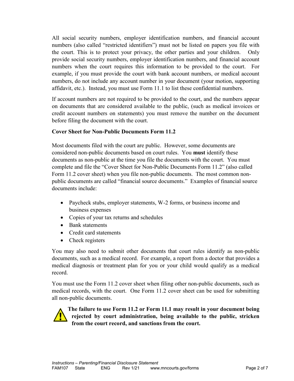Instructions for Form FAM108 Parenting / Financial Disclosure Statement - Minnesota, Page 2
