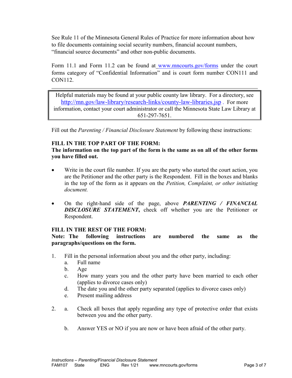 Instructions for Form FAM108 Parenting / Financial Disclosure Statement - Minnesota, Page 3