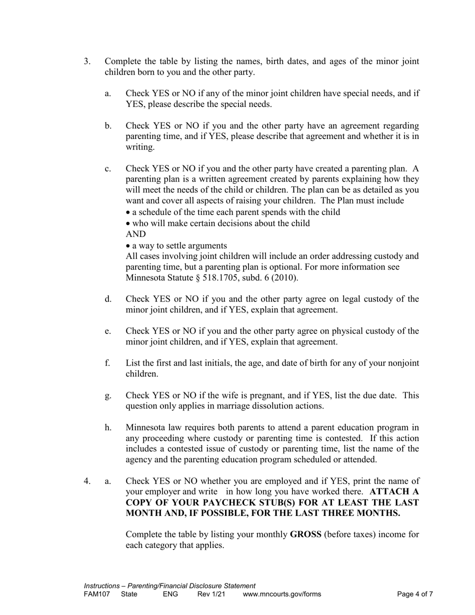 Instructions for Form FAM108 Parenting / Financial Disclosure Statement - Minnesota, Page 4