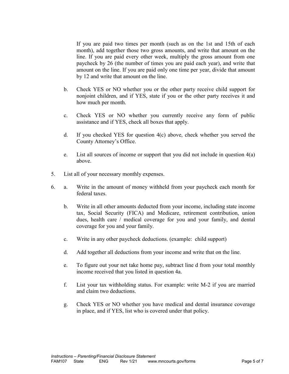 Instructions for Form FAM108 Parenting / Financial Disclosure Statement - Minnesota, Page 5