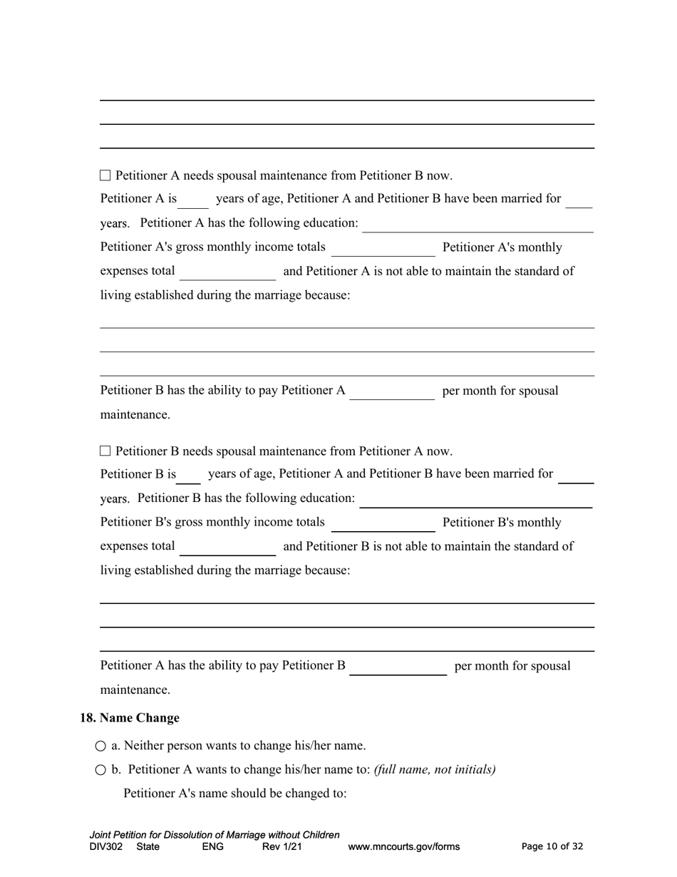 Form DIV302 Joint Petition, Agreement, and Judgment and Decree for Marriage Dissolution Without Children - Minnesota, Page 10