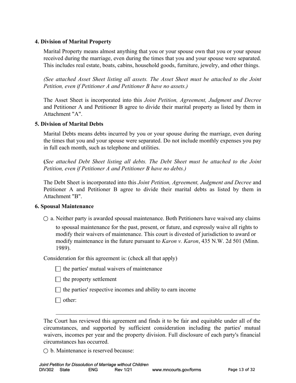 Form DIV302 Joint Petition, Agreement, and Judgment and Decree for Marriage Dissolution Without Children - Minnesota, Page 13