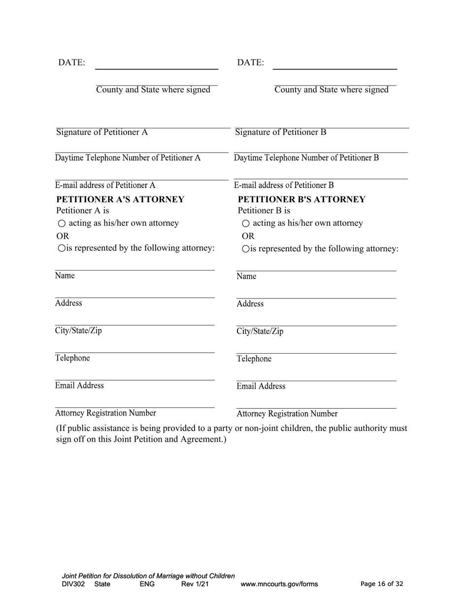 Form DIV302 Joint Petition, Agreement, and Judgment and Decree for Marriage Dissolution Without Children - Minnesota, Page 16