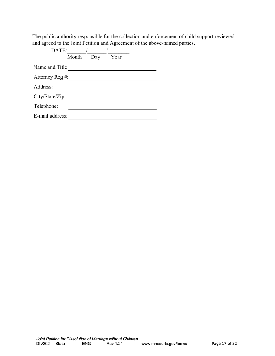 Form DIV302 Joint Petition, Agreement, and Judgment and Decree for Marriage Dissolution Without Children - Minnesota, Page 17