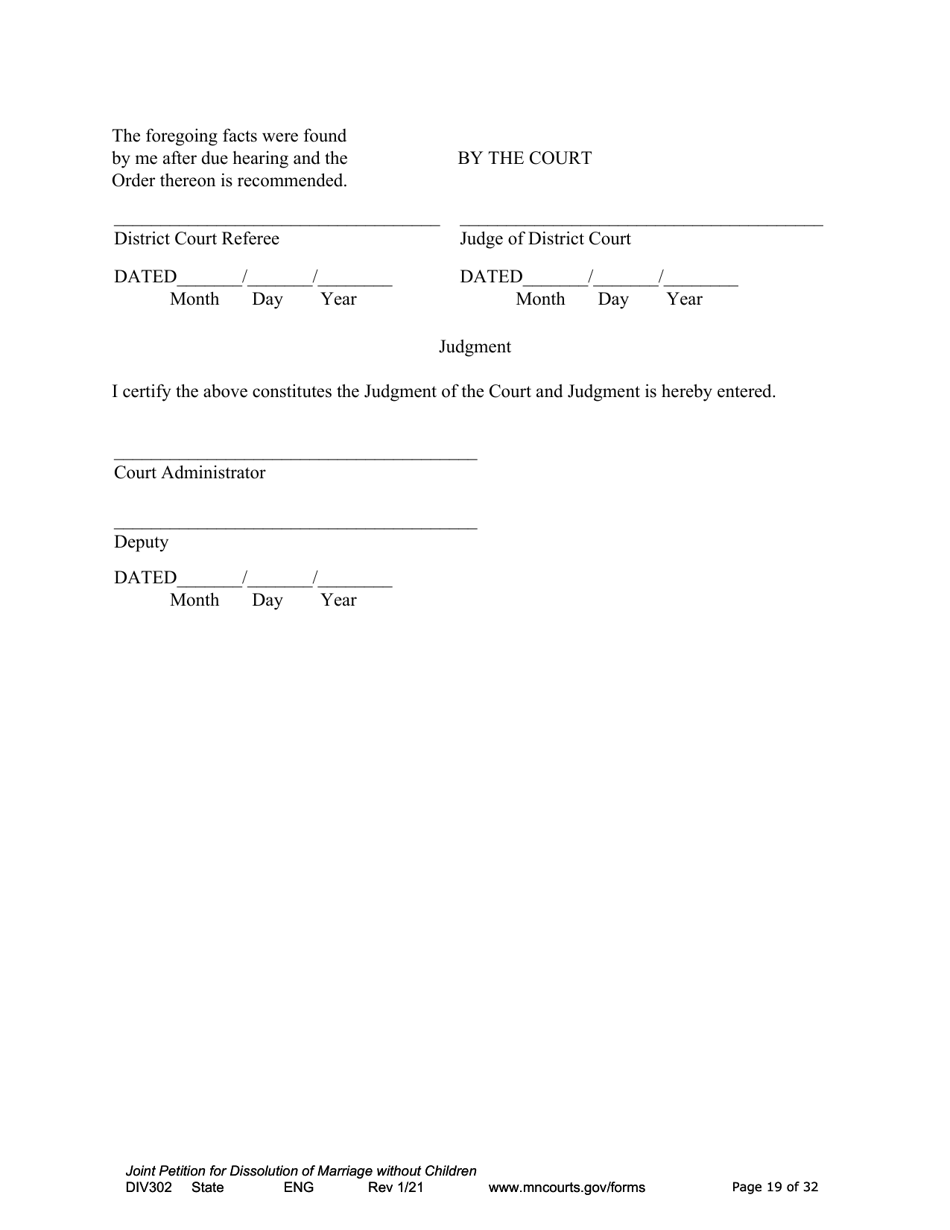 Form DIV302 Joint Petition, Agreement, and Judgment and Decree for Marriage Dissolution Without Children - Minnesota, Page 19
