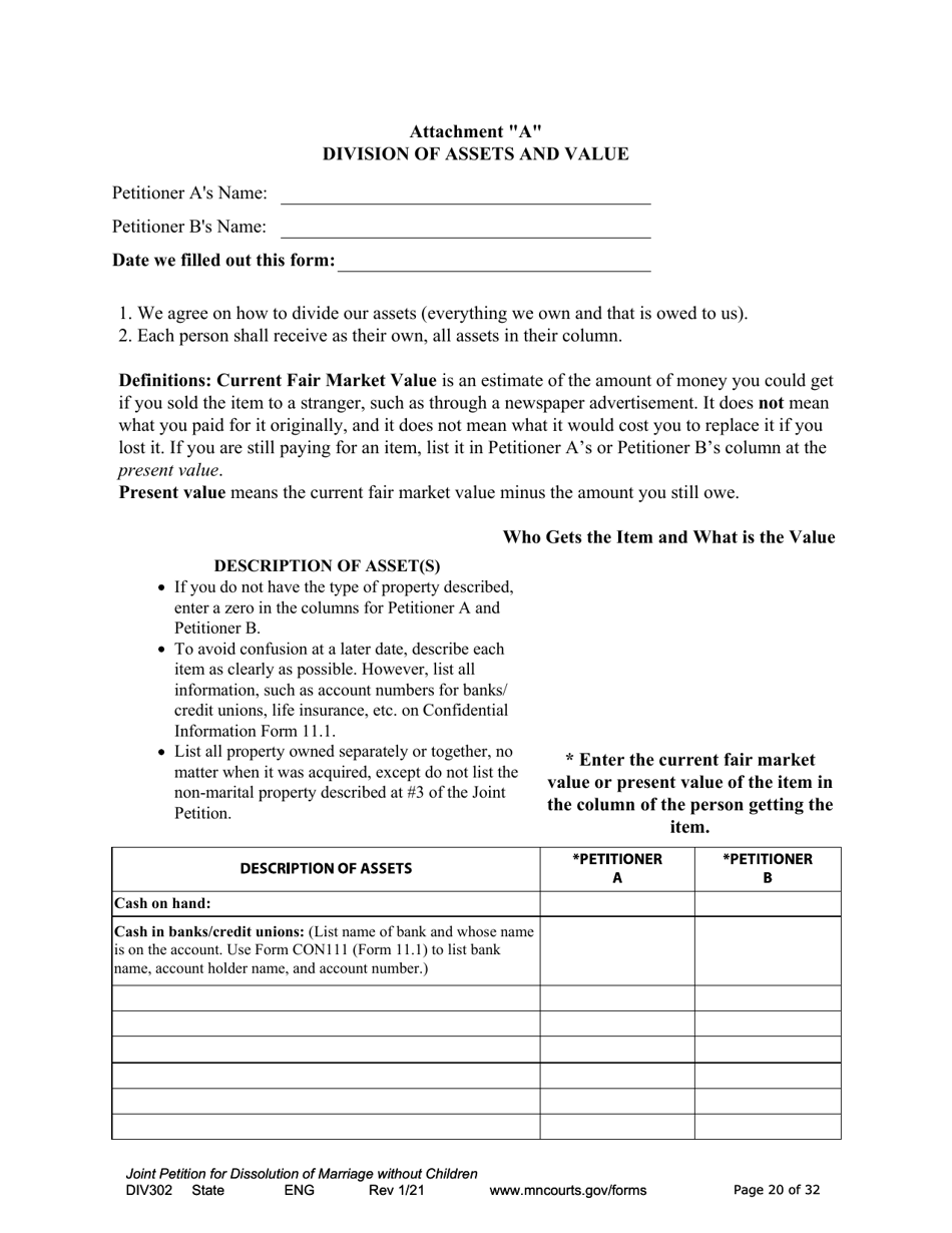 Form DIV302 Joint Petition, Agreement, and Judgment and Decree for Marriage Dissolution Without Children - Minnesota, Page 20