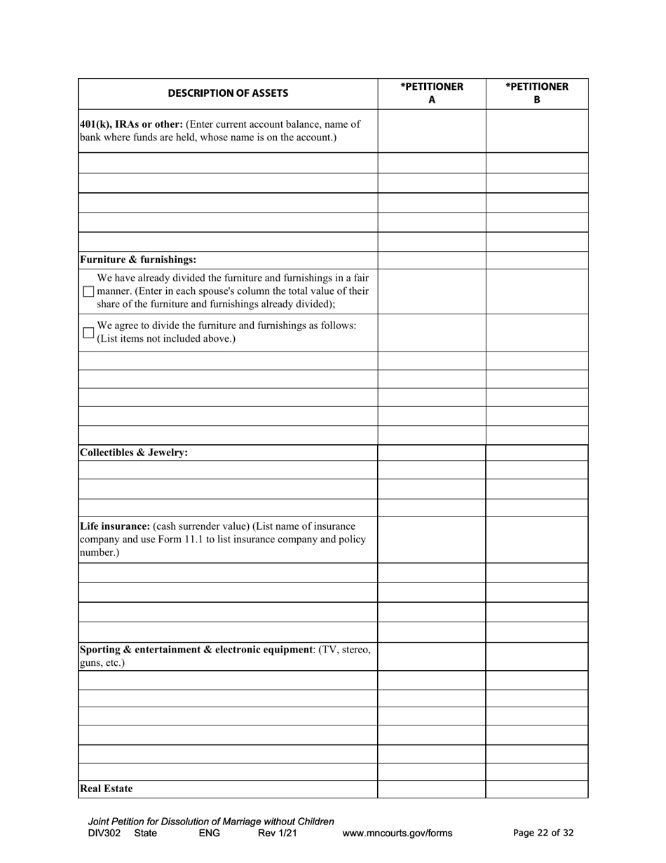 Form DIV302 Joint Petition, Agreement, and Judgment and Decree for Marriage Dissolution Without Children - Minnesota, Page 22
