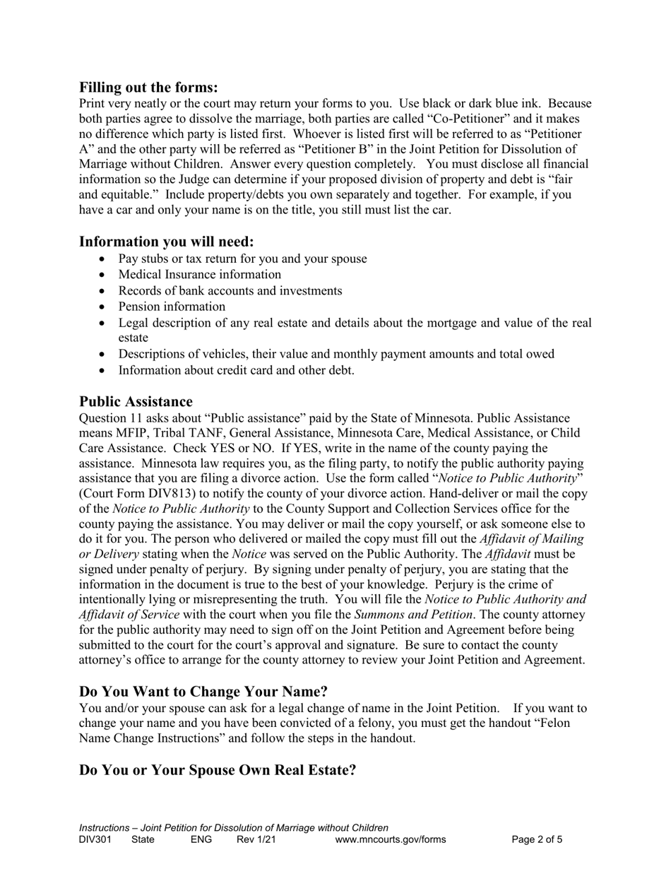 Form DIV301 Instructions for Joint Petition for Dissolution of Marriage Without Children - Minnesota, Page 2
