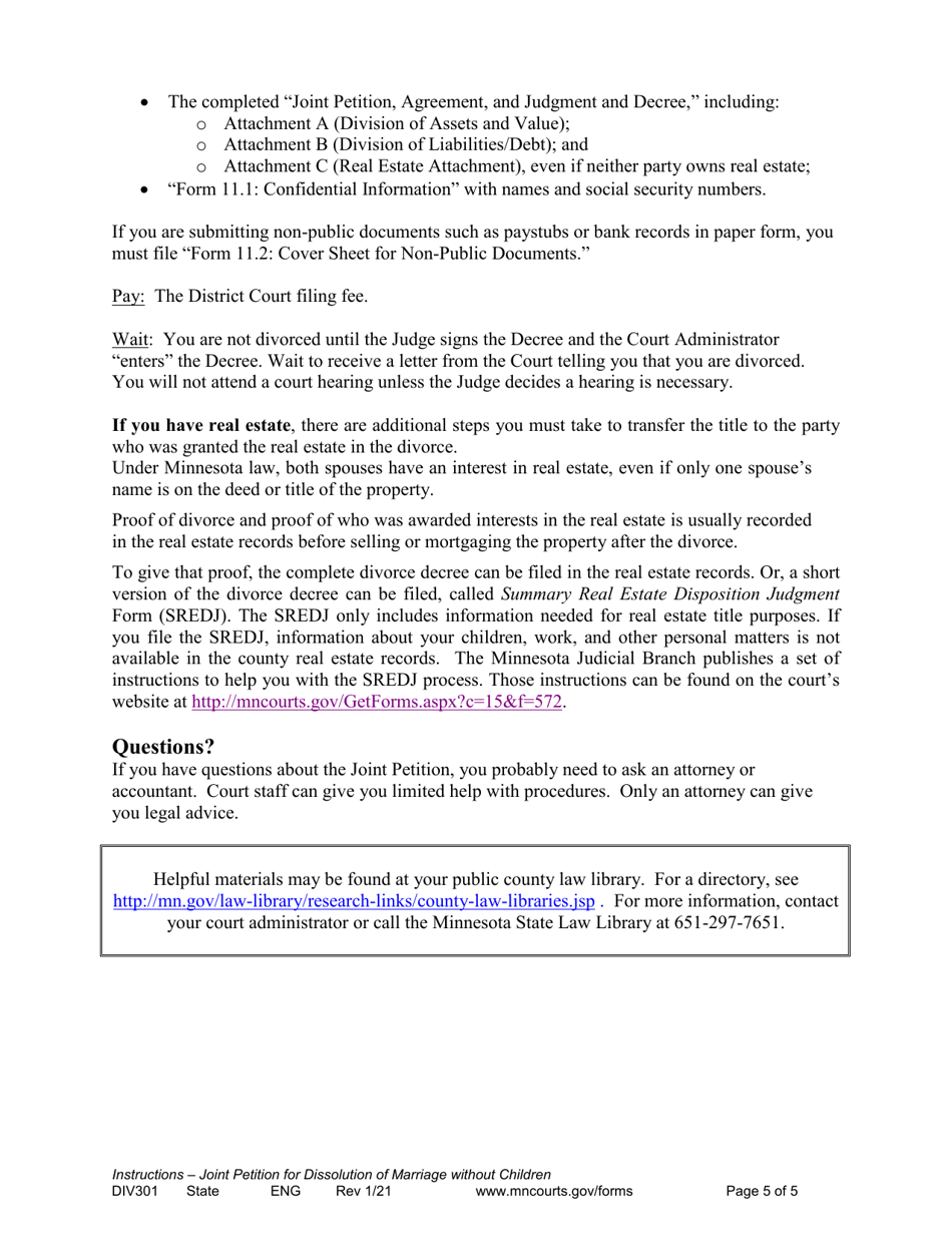 Form DIV301 Instructions for Joint Petition for Dissolution of Marriage Without Children - Minnesota, Page 5