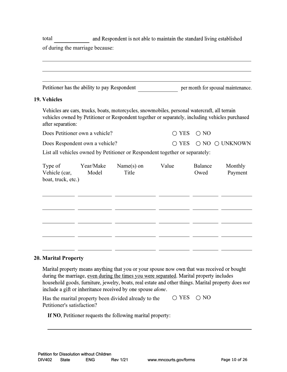 Form DIV402 Petition for Dissolution of Marriage Without Children - Minnesota, Page 10