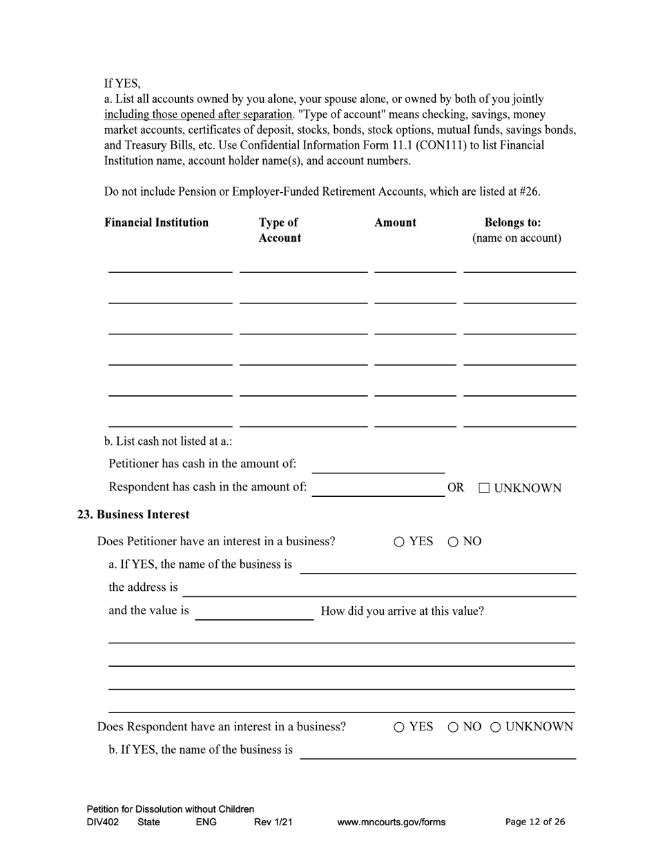 Form DIV402 Petition for Dissolution of Marriage Without Children - Minnesota, Page 12