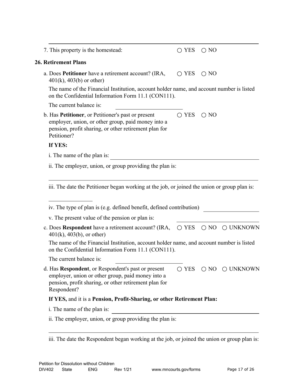 Form DIV402 Petition for Dissolution of Marriage Without Children - Minnesota, Page 17