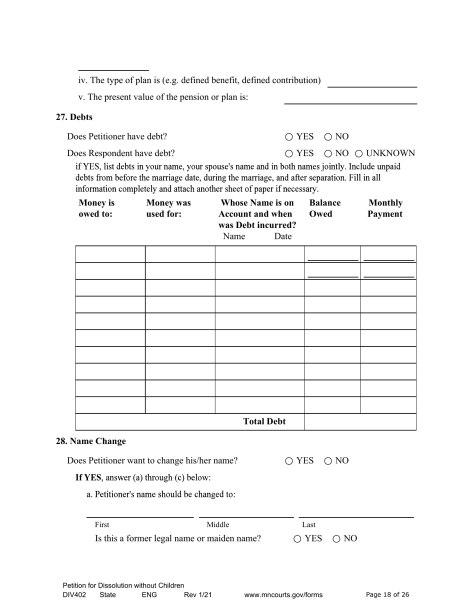 Form DIV402 Petition for Dissolution of Marriage Without Children - Minnesota, Page 18