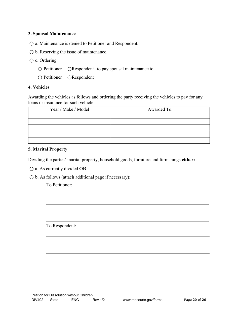 Form DIV402 Petition for Dissolution of Marriage Without Children - Minnesota, Page 20