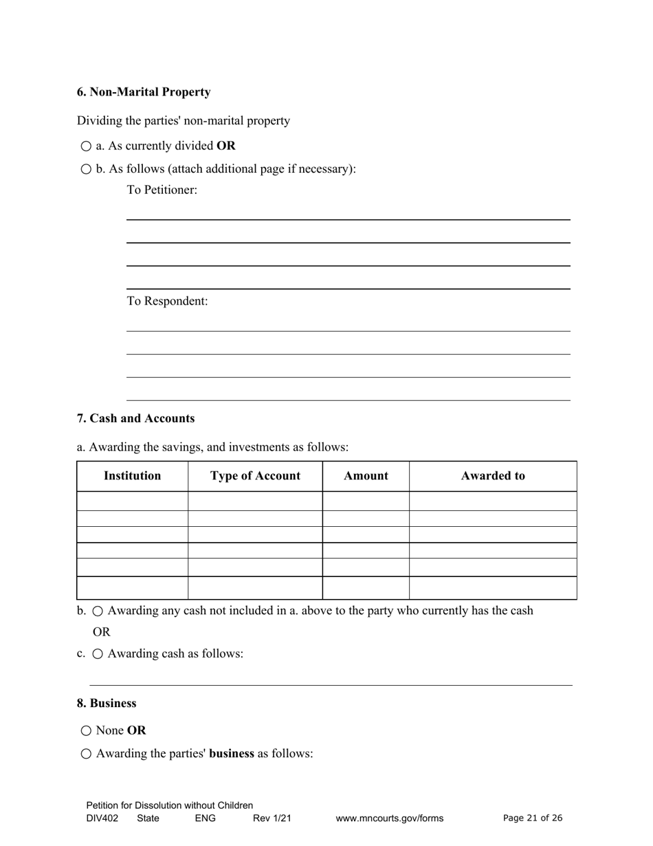 Form DIV402 Petition for Dissolution of Marriage Without Children - Minnesota, Page 21
