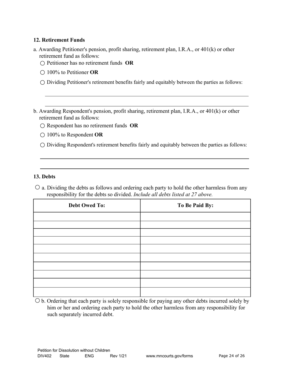 Form DIV402 Petition for Dissolution of Marriage Without Children - Minnesota, Page 24