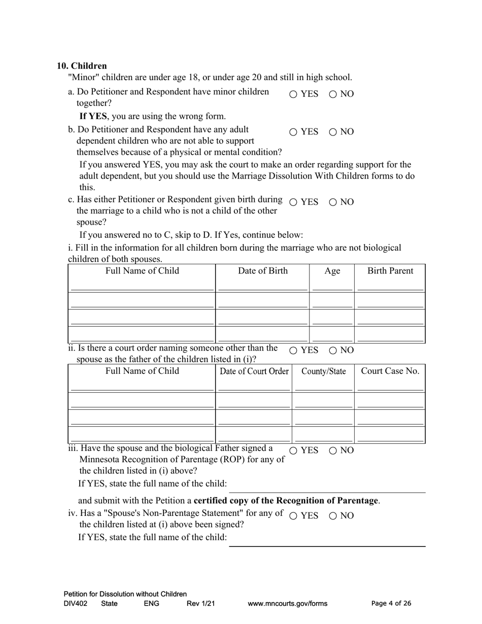 Form DIV402 Petition for Dissolution of Marriage Without Children - Minnesota, Page 4