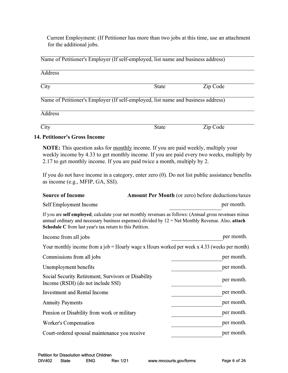 Form DIV402 Petition for Dissolution of Marriage Without Children - Minnesota, Page 6