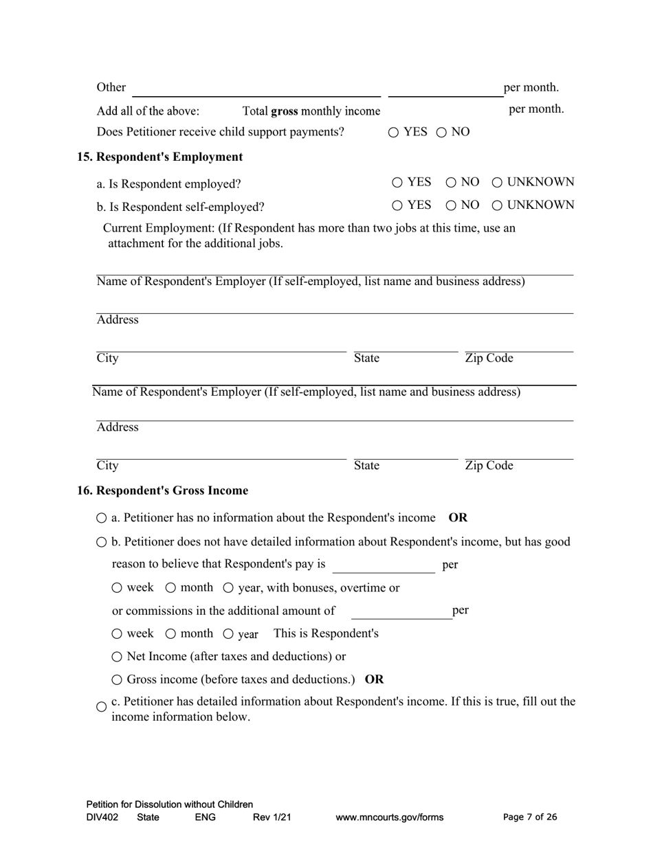 Form DIV402 Petition for Dissolution of Marriage Without Children - Minnesota, Page 7