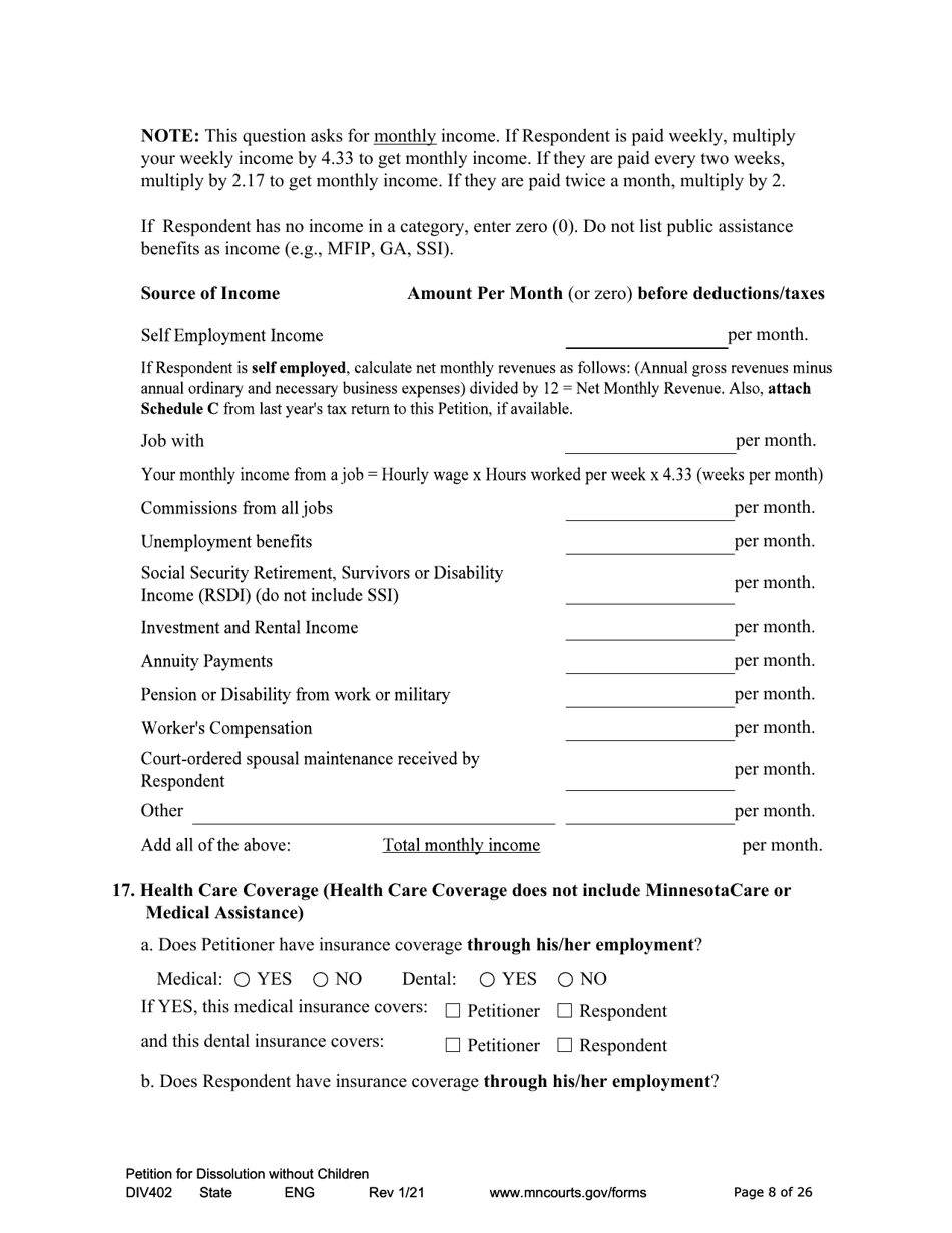 Form DIV402 Petition for Dissolution of Marriage Without Children - Minnesota, Page 8