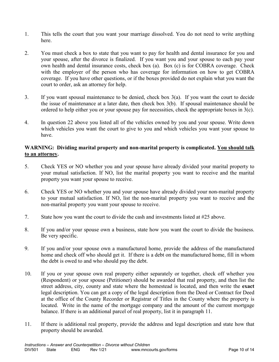 Instructions for Form DIV502 Answer and Counterpetition for Dissolution of Marriage Without Children - Minnesota, Page 10