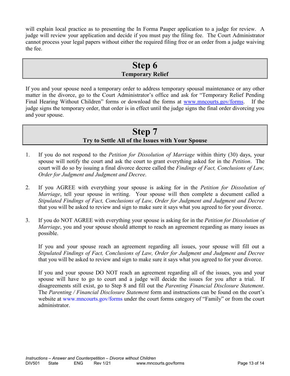 Instructions for Form DIV502 Answer and Counterpetition for Dissolution of Marriage Without Children - Minnesota, Page 13