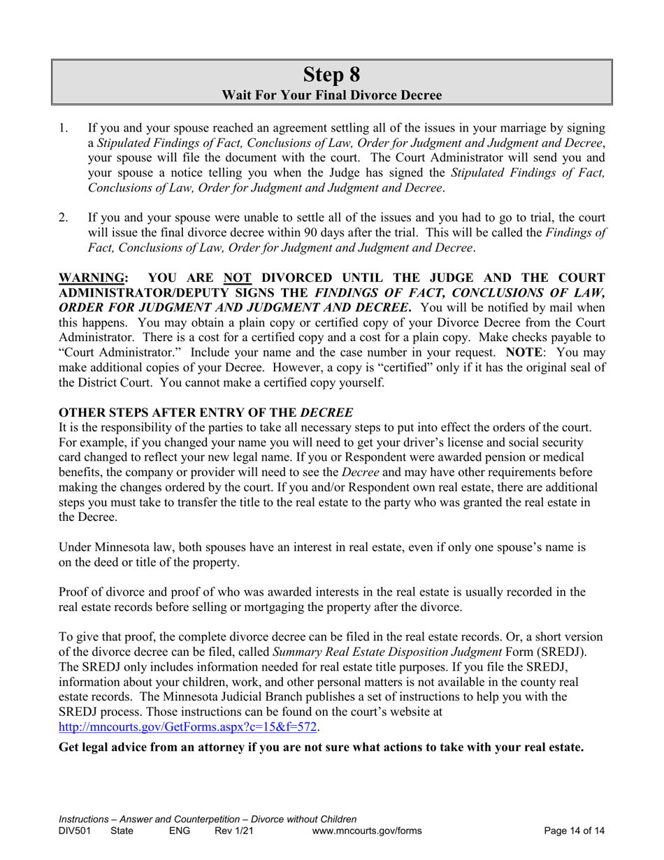 Instructions for Form DIV502 Answer and Counterpetition for Dissolution of Marriage Without Children - Minnesota, Page 14