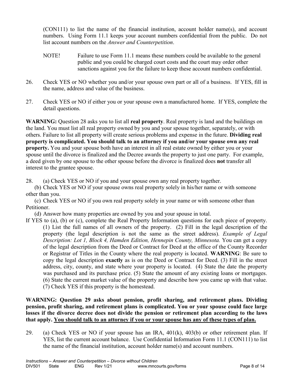 Instructions for Form DIV502 Answer and Counterpetition for Dissolution of Marriage Without Children - Minnesota, Page 8