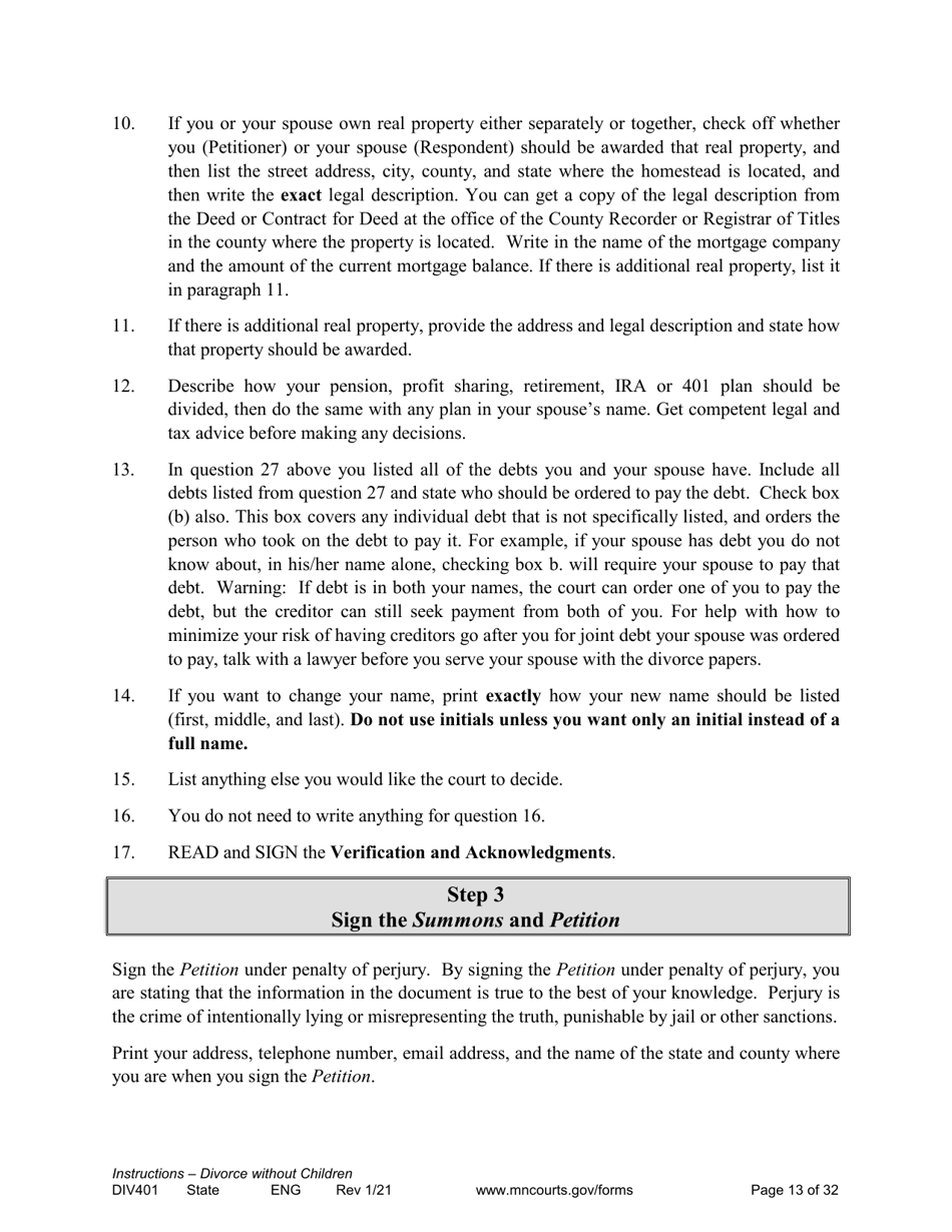 Form DIV401 Instructions for Dissolution of Marriage Without Children - Minnesota, Page 13