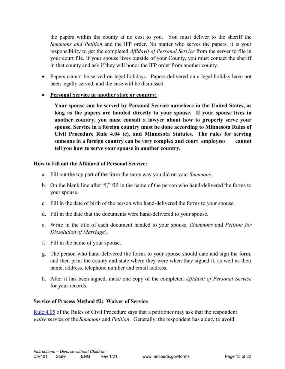 Form DIV401 Instructions for Dissolution of Marriage Without Children - Minnesota, Page 15