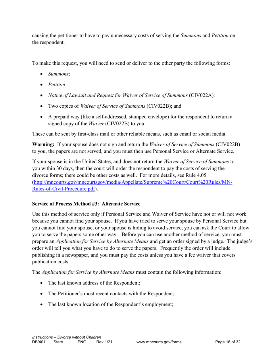 Form DIV401 Instructions for Dissolution of Marriage Without Children - Minnesota, Page 16