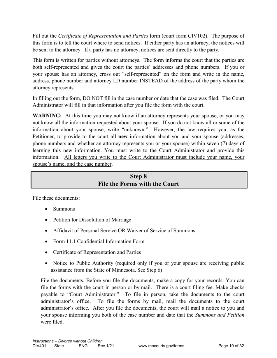 Form DIV401 Instructions for Dissolution of Marriage Without Children - Minnesota, Page 19