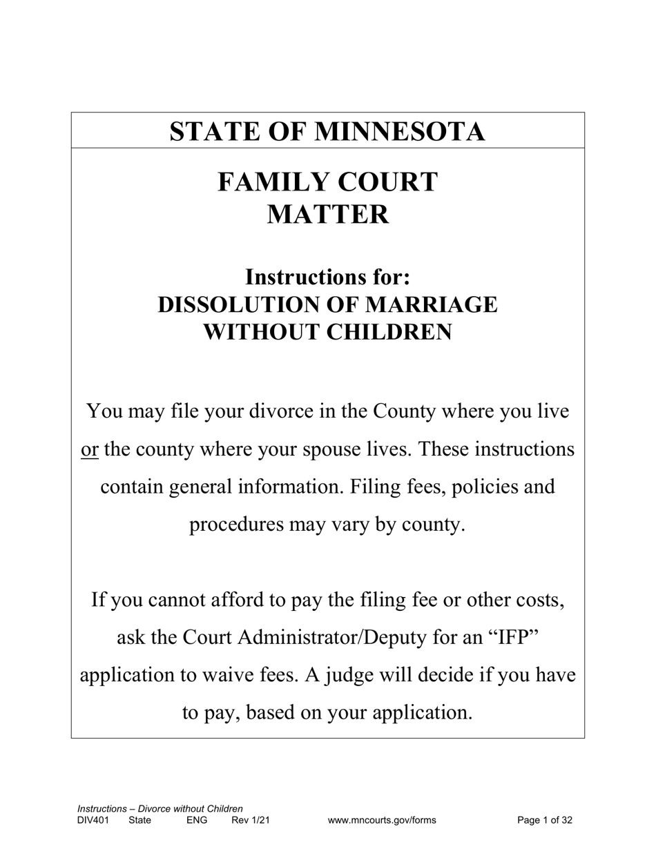 Form DIV401 Instructions for Dissolution of Marriage Without Children - Minnesota, Page 1
