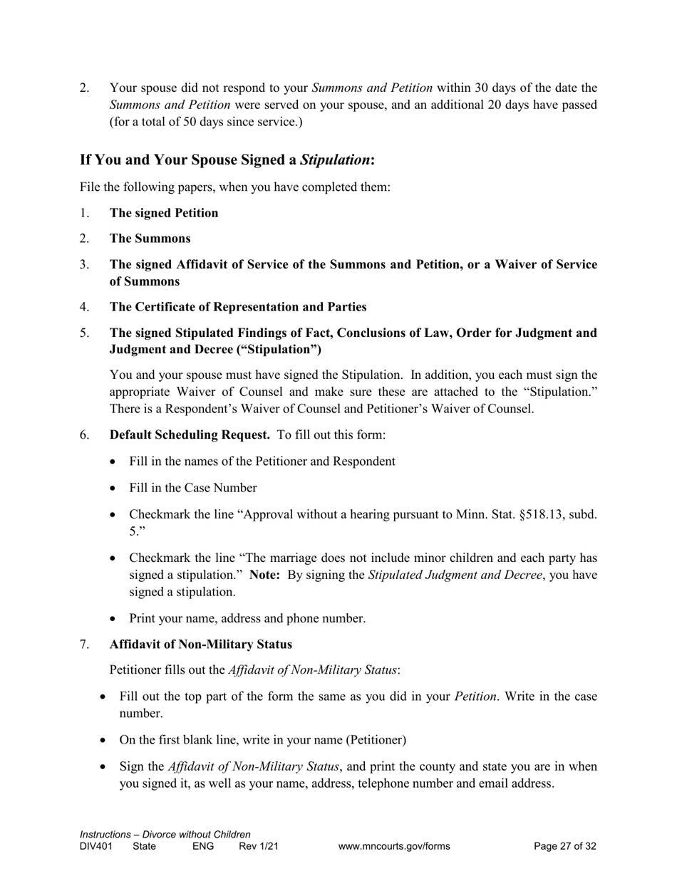 Form DIV401 Instructions for Dissolution of Marriage Without Children - Minnesota, Page 27