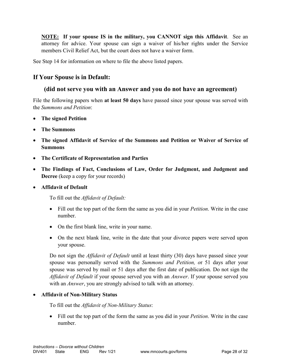 Form DIV401 Instructions for Dissolution of Marriage Without Children - Minnesota, Page 28