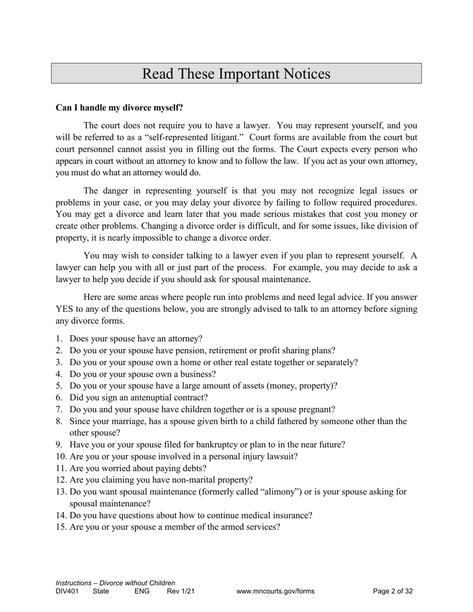 Form DIV401 Instructions for Dissolution of Marriage Without Children - Minnesota, Page 2