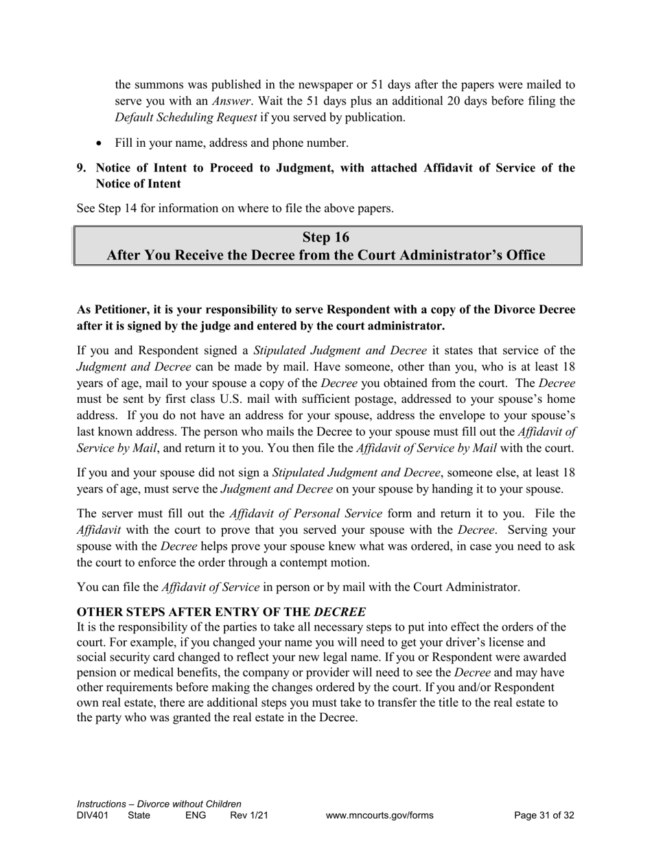Form DIV401 Instructions for Dissolution of Marriage Without Children - Minnesota, Page 31