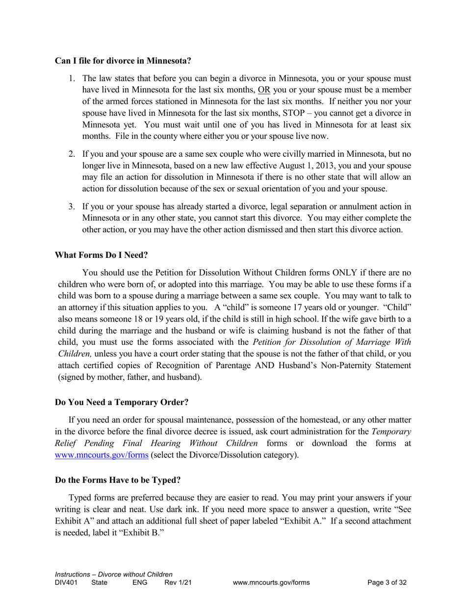 Form DIV401 Instructions for Dissolution of Marriage Without Children - Minnesota, Page 3